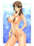  areola_slip areolae bad_id bad_pixiv_id blush breasts brown_eyes brown_hair highres large_breasts long_hair looking_at_viewer muryuuin_tayun nail_polish nipple_slip nipples original parted_lips slingshot_swimsuit solo swimsuit 