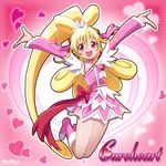  :d aida_mana artist_name blonde_hair blush boots bow character_name cure_heart dokidoki!_precure eyelashes half_updo heart knee_boots long_hair magical_girl open_mouth outstretched_arms pink_background pink_bow pink_eyes pink_footwear pink_sleeves ponytail precure ribbon shisui skirt smile solo very_long_hair 