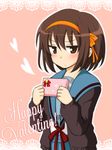  brown_eyes brown_hair cardigan gift hair_ribbon hairband happy_valentine kita_high_school_uniform open_cardigan open_clothes orange_hairband ribbon school_uniform serafuku short_hair solo suzumiya_haruhi suzumiya_haruhi_no_yuuutsu taiki_(6240taiki) valentine 