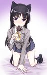  animal_ears arm_support bad_id bad_pixiv_id black_hair black_legwear blazer blush cat_ears fake_animal_ears gokou_ruri jacket long_hair looking_at_viewer matsuryuu mole mole_under_eye mouth_hold no_shoes ore_no_imouto_ga_konna_ni_kawaii_wake_ga_nai paw_pose purple_eyes school_uniform socks solo tears valentine 