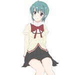  blue_eyes blue_hair hair_ornament hairclip mahou_shoujo_madoka_magica miki_sayaka school_uniform short_hair simple_background sitting smile solo white_background yomikakinigoumeshi 