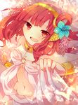  bracelet breasts choker flower hair_flower hair_ornament hair_rings hairband jewelry long_hair looking_at_viewer magi_the_labyrinth_of_magic medium_breasts morgiana navel open_mouth red_eyes red_hair shimotsuki_eri smile solo 