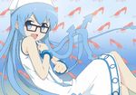  bangle bespectacled blue_background bracelet dress glasses gradient gradient_background ikamusume jewelry open_mouth pointing shinryaku!_ikamusume shrimp smile solo 