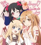  :d \m/ artist_name asuna_(sao) black_hair blazer blonde_hair blue_eyes bow box brown_eyes collarbone crossover dated hair_bow happy_valentine heart heart-shaped_box jacket long_hair long_sleeves looking_at_viewer love_live! love_live!_school_idol_project multiple_girls nanamori_school_uniform nico_nico_nii one_eye_closed open_mouth otonokizaka_school_uniform red_eyes rinne-rion school_uniform serafuku short_over_long_sleeves short_sleeves smile sword_art_online toshinou_kyouko twintails valentine yazawa_nico yuru_yuri 