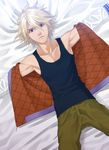  blonde_hair ivan_karelin jacket letterman_jacket lying male_focus march716 on_back on_bed pectorals purple_eyes solo tank_top tiger_&amp;_bunny 
