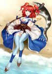  alternate_weapon blue_legwear blush breasts choker cleavage coin geta guolu hair_bobbles hair_ornament highres lying medium_breasts obi onozuka_komachi open_mouth panties red_eyes red_hair sand sash scythe short_hair short_sleeves skirt smile solo thighhighs touhou underwear water weapon white_panties 