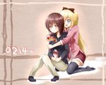  black_hair blonde_hair blue_eyes bow brown_eyes dress_shirt funami_yui gift hair_bow highres hug hug_from_behind kneeling light_smile long_hair long_sleeves multiple_girls no_shoes open_mouth pants sakura_ai_ke shirt short_hair shorts sitting socks thighhighs toshinou_kyouko valentine yuru_yuri 