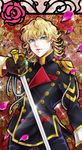  aiguillette androgynous bad_id bad_pixiv_id barnaby_brooks_jr blonde_hair curly_hair double-breasted flower gloves green_eyes male_focus no_eyewear parody petals rose shoujo_kakumei_utena solo sparkle sword tiger_&amp;_bunny uniform weapon yoshikiri 