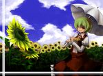  ascot bad_id bad_pixiv_id cloud day field flower flower_field green_hair highres kazami_yuuka long_skirt parasol puffy_sleeves red_skirt short_hair skirt skirt_set sky smile solo sunflower touhou tsuizi umbrella vest yellow_eyes 