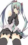  aqua_eyes aqua_hair blush detached_sleeves hatsune_miku kuwashima_rein long_hair necktie panties pantyshot simple_background skirt solo thighhighs twintails underwear very_long_hair vocaloid 