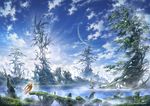  bird cloud fantasy forest landscape nature original scenery shirakaba_toshiharu sky tree water 