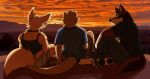 4_toes anthro barefoot black_nose black_pawpads bottomwear brown_body brown_fur canid canine canis chase_hunter clothed clothed_anthro clothed_female clothed_male clothing echo_(game) echo_(series) echo_project feet female fox fur group hi_res hindpaw jenna_begay kit_fox leo_alvarez male mammal mustelid otter outside pants pawpads paws photo_background photography_(artwork) red_body red_fur red_wolf shirt sitting sunset t-shirt tail tan_body tan_fur tank_top toes topwear trio true_fox unsafescapewolf wolf