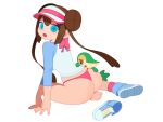  1girl ass blue_eyes breasts brown_hair double_bun full_body hair_bun highres long_hair looking_at_viewer monster_l_(hochihochiha) open_mouth pokemon rosa_(pokemon) shirt simple_background snivy solo twintails visor_cap white_background 