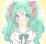  aqua_eyes aqua_hair bad_id bad_pixiv_id blush bow hair_ribbon hatsune_miku long_hair mashiro_momo open_mouth ribbon solo twintails vocaloid 