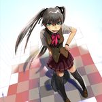  bad_id bad_pixiv_id bag brown_hair checkered checkered_floor fang green_eyes hand_on_hip legs nimirom original school_uniform skirt smile solo thighhighs twintails watch wristwatch 