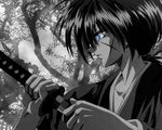  black blue_eyes himura_kenshin jpeg_artifacts rurouni_kenshin sword weapon white 
