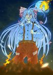  :&lt; belt colorized fire fujiwara_no_mokou full_moon hand_in_pocket highres moon night shaula solo standing suspenders touhou 