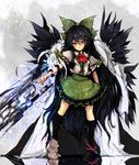  alternate_weapon am_(amyu_amyu) arm_cannon asymmetrical_clothes black_hair black_wings bow cape colorized eyes green_bow hair_bow long_hair mismatched_footwear red_eyes reiuji_utsuho solo touhou very_long_hair weapon wings 