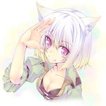  :3 animal_ears bra breasts cat_ears cleavage face facial_mark final_fantasy final_fantasy_xiv gradient_hair hands ichijou_hitoshi lingerie miqo'te multicolored_hair pink_eyes salute short_hair small_breasts smile solo underwear white_hair 
