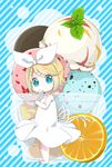  bad_id bad_pixiv_id blonde_hair blue_eyes chibi dress food hair_ornament hair_ribbon hairclip ice_cream kagamine_rin kureno ribbon short_hair solo spoon vocaloid white_dress 