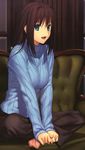  absurdres aozaki_aoko aqua_eyes breasts brown_hair couch highres koyama_hirokazu long_hair mahou_tsukai_no_yoru open_mouth sitting solo sweater 