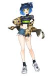  1boy :d animal_ear_hairband animal_ears ankle_socks bare_legs black_hair black_hairband black_shirt black_socks blue_hair blue_shorts blush cat_ear_hairband cat_ears clothes_writing collarbone commentary commission denim denim_shorts english_commentary exposed_pocket fake_animal_ears full_body gradient_hair green_eyes green_nails hairband halftone hand_on_own_hip hand_on_own_thigh highres jacket jacket_partially_removed long_sleeves looking_at_viewer male_focus micro_shorts midriff multicolored_hair nail_polish navel one_side_up open_clothes open_jacket open_mouth puffy_long_sleeves puffy_sleeves ryoune_yami shirt shoelaces shoes short_hair short_sleeves shorts simple_background smile sneakers socks solo standing teeth trap turtleneck turtleneck_shirt two-tone_hair ultracat utau white_background white_shoes yellow_jacket 