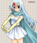 blue_hair breasts cape circlet cleavage dragon_quest dragon_quest_iii elbow_gloves gloves hands_clasped long_hair medium_breasts own_hands_together red_eyes rinomure sage_(dq3) skirt solo 
