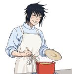  1girl apron black_hair blush_stickers closed_eyes cooking cooking_pot cowboy_shot eyelashes grin happy highres jujutsu_kaisen megumi's_mother_(jujutsu_kaisen) simple_background smile solo spiked_hair v0idzenin white_apron white_background 