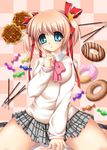  blonde_hair blue_eyes bow candy doughnut food highres kamikita_komari little_busters! nin_(sinobili) pink_bow plaid plaid_skirt pocky school_uniform short_hair skirt solo waffle 