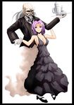  1girl bald beard breasts butler cleavage cloud dress eyebrows facial_hair formal gloves haji_(hajiko) kumoi_ichirin large_breasts purple_eyes purple_hair short_hair touhou tray unzan 