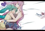  :d blue_eyes dress green_eyes green_hair hatsune_miku hug letterboxed long_hair lying megurine_luka multiple_girls open_mouth pink_hair red_string sekihara_umina smile string twintails vocaloid yuri 