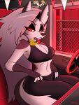 2025 49ersrule07 anthro arm_tuft black_bottomwear black_clothing black_eyeshadow black_nails black_pants bottomwear bra breasts canid canid_demon canine car chest_tuft cleavage clothed clothing collar colored_nails demon ear_piercing equid equine eyelashes eyeshadow female fingerless_gloves fur gloves grey_body grey_fur grey_hair hair handwear hellaverse hellhound helluva_boss hi_res horn inside_car inside_vehicle keychain lidded_eyes long_eyelashes looking_down loona_(helluva_boss) makeup mammal medium_breasts midriff mythological_canine mythological_creature mythological_equine mythology nails notched_ear object_in_mouth pants piercing portrait pulling_up_pants red_sclera shoulder_tuft sidecut signature sitting slim slim_anthro slim_female small_waist solo spiked_collar spikes sports_bra sportswear steering_wheel tail three-quarter_portrait tuft underwear unicorn vehicle white_body white_fur yoga_pants