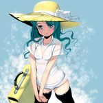  bad_id bad_pixiv_id black_legwear copyright_request cowboy_shot green_eyes green_hair hat looking_up masao see-through solo suitcase thighhighs 