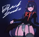  +_+ 1girl black_dress black_souls black_souls_2 blue_background blue_eyes blue_hair blunt_bangs blush bow bowtie chastity_belt clothes_lift commentary_request dot_nose dress dress_lift english_text flashing frilled_dress frills from_below garter_belt gradient_background grey_thighhighs hair_bow korean_commentary long_hair long_sidelocks long_sleeves looking_at_viewer mabel_(black_souls) open_mouth red_bow red_bowtie sidelocks smile solo sparkling_eyes standing star-shaped_pupils star_(symbol) symbol-shaped_pupils thighhighs thighs very_long_hair wingcat 