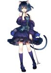  1boy :d animal_ears bare_shoulders black_choker black_hair black_shoes black_skirt blue_bow blue_hair blue_shirt bow cat_ears center_frills choker commentary commission crossdressing crossdressing_(mtf) english_commentary footwear_bow frilled_shirt frilled_skirt frills full_body fur-trimmed_jacket fur_trim gradient_hair green_eyes hair_bow hand_up highres holding holding_microphone_stand jacket jacket_partially_removed kneehighs looking_at_viewer male_focus microphone_stand multicolored_hair one_side_up open_clothes open_jacket open_mouth purple_jacket purple_socks ryoune_yami shirt shirt_bow shoes short_hair simple_background skirt sleeveless sleeveless_shirt smile socks solo standing teeth trap two-tone_hair ultracat upper_teeth_only utau v-shaped_eyebrows white_background 