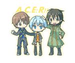  2boys another_century's_episode another_century's_episode:_2 another_century's_episode:_3 another_century's_episode:_r autumn_four barrel_orland blue_hair chibi crossover hand_on_another's_head multiple_boys pilot_suit shirakawa_(whitemist) tak_kepford 