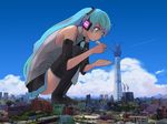  aqua_eyes aqua_hair bare_shoulders black_footwear black_legwear black_skirt blue_neckwear blue_sky boots building city cityscape cloud collared_shirt crane day detached_sleeves full_body giantess guitar_(guitars) hands hatsune_miku implied_pantyshot long_hair necktie pleated_skirt real_world_location scenery shirt short_sleeves skirt sky solo squatting sweatdrop thigh_boots thighhighs time_machine_(vocaloid) tokyo_(city) tokyo_sky_tree tower twintails very_long_hair vocaloid wide-eyed zettai_ryouiki 