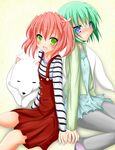  back-to-back blue_eyes cherry_(lucky_star) dog green_eyes green_hair iwasaki_minami kobayakawa_yutaka lucky_star multiple_girls red_hair short_hair t_(dyuhuhudyukusi) twintails 