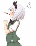  black_hairband blush bob_cut bow closed_eyes food hair_ribbon hairband hands_clasped katanakko_daisuki konpaku_youmu mouth_hold own_hands_together pocky praying profile ribbon short_hair silver_hair simple_background solo standing touhou vest 