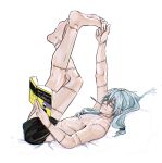  1boy artist_name black_male_underwear blue_eyes blue_hair bondustries book for_dummies glasses highres holding holding_book jujutsu_kaisen legs_up long_hair low-tied_long_hair lying mahito_(jujutsu_kaisen) male_focus male_underwear nipples on_back pen_in_mouth reading solo stitched_arm stitched_face stitched_leg stitched_neck stitched_wrist stitches underwear white_background 