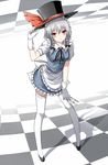  bad_id bad_pixiv_id between_fingers bon braid checkered checkered_floor gloves hands hat hat_tip highres izayoi_sakuya knife leaning_forward legs looking_at_viewer maid maid_headdress perspective red_eyes short_hair silver_hair smile solo thighhighs top_hat touhou twin_braids white_legwear zettai_ryouiki 