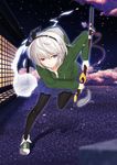  alternate_costume black_hairband black_legwear blue_eyes cherry_blossoms contemporary ghost hairband heterochromia highres katana konpaku_youmu konpaku_youmu_(ghost) pantyhose petals red_eyes short_hair silver_hair solo sword touhou weapon yules 