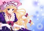  alha blonde_hair bow breasts choker cleavage frills gloves hat lace long_hair medium_breasts ribbon_choker solo touhou umbrella white_gloves yakumo_yukari yellow_eyes 