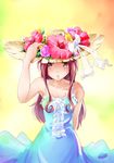  brown_eyes brown_hair dress flower hand_on_headwear hat hibiscus long_hair moupii_(hitsuji_no_ki) original solo tomoko_(mousoup) 