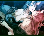  bad_id bad_pixiv_id banned_artist bare_shoulders blue_eyes blue_hair breasts cleavage copyright_request downblouse horns letterboxed looking_back medium_breasts multiple_girls pointy_ears red_eyes red_hair viola_(seed) yuri 