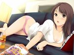  :o bad_id bad_pixiv_id bottle breasts brown_eyes brown_hair chips cleavage couch downblouse drink food large_breasts long_hair lying mole mole_under_mouth munakata_(hisahige) no_pants on_side original panties pink_panties potato_chips shirt slovenly solo t-shirt underwear 