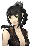  1girl absurdres baldur&#039;s_gate baldur&#039;s_gate_3 bare_shoulders black_hair braid braided_ponytail breasts center_opening commentary commission dungeons_&amp;_dragons elf english_commentary green_eyes hair_ornament highres lips long_hair looking_at_viewer medium_breasts parted_lips pink_lips pointy_ears scar scar_on_face shadowheart_(baldur&#039;s_gate) simple_background sleeveless solo wanderstillart white_background 