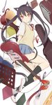  :o amplifier animal_ears black_hair book cake cat_ears cup fender floating floating_object food fork guitar guitar_case instrument instrument_case k-on! kneehighs legs long_hair money nakano_azusa nnyu red_eyes school_uniform shoes socks solo staring teacup tsurime twintails uwabaki 