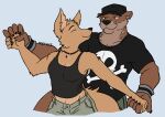 5_fingers anthro anthro_on_anthro black_nose bottomwear breasts brown_body brown_fur canid canine choker clothed clothed_anthro clothed_female clothed_male clothing duo echo_(game) echo_(series) echo_project eyes_closed female fingers fox fur hand_holding hi_res humanoid_hands interspecies jenna_begay jewelry kit_fox larger_male male male/female mammal muscular muscular_anthro muscular_male mustelid necklace otter pants romantic romantic_couple shirt shorts size_difference smaller_female smile sydney_bronson t-shirt tan_body tan_fur tank_top topwear true_fox unsafescapewolf wearing_hat wristband
