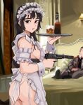  1boy 1girl ass bed bedroom black_eyes black_hair breasts cup drinking_glass finger_on_trigger from_behind gun handgun highres holding holding_gun holding_tray holding_weapon lamp long_hair looking_at_viewer looking_to_the_side maid maid_headdress on_bed original pb_pistol solo_focus suppressor thighs tray unconventional_maid wani_(perfect_han) weapon white_wrist_cuffs wrist_cuffs 